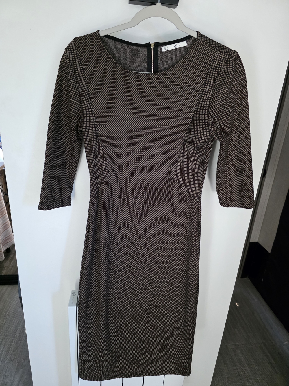 Designer Midi Sheath Dress in Brown Micro-Pattern Grifflin Paris